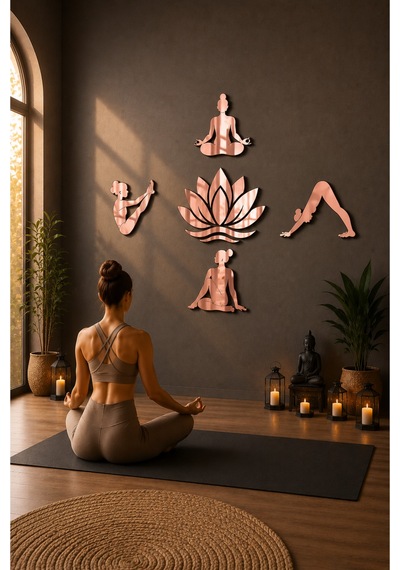 Huzur Serisi Premium Yoga & Lotus Aynalı Pleksi Duvar Dekoru 5 Parça Rose Gold Zen Tasarım Metalik