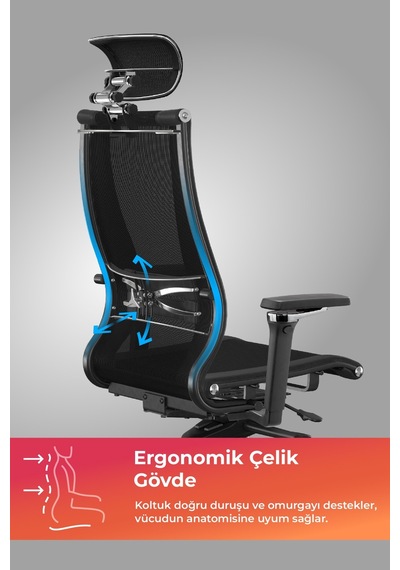 Samurai Ergonomik Koltuk Bel Destekli, Fileli Sırt Destekli, Siyah, Yönetici Koltuğu -511.f.15.2 Siyah