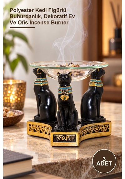3 Adet Mısır Kedisi Buhurdanlık Polyester Kedi Figürlü Buhurdanlık, Dekoratif Ev Ve Ofis Incense Burner 1
