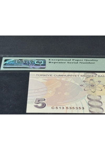 Türk Lirası 5 Tl Tekrarlanan Rakamlar Sn C513 53 53 53 P 222c 2009 Nd2017 Pmg 66 Epq Gem Unc Çi