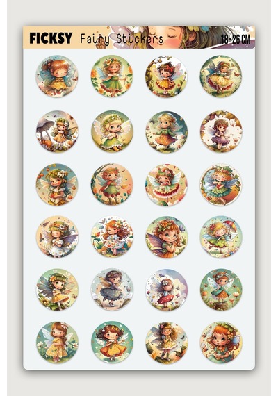 Sevimli Peri Sticker Seti - 24 Adet Yuvarlak Etiket Çıkartma Diğer