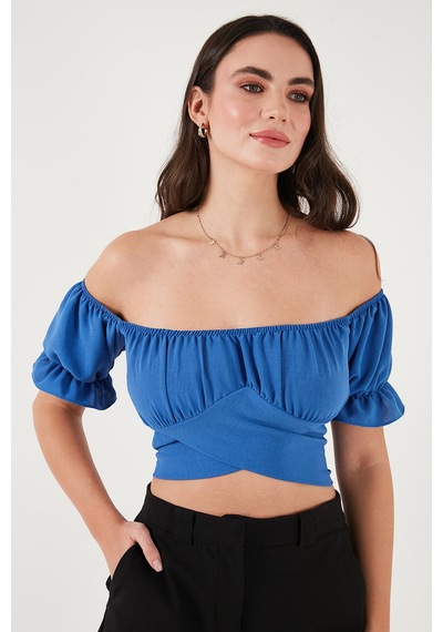 Lela Regular Fit Madonna Yaka Bağlama Detaylı Crop Bayan Bluz 6527017 Mavi