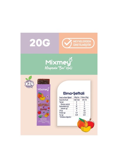 Mixmey Şeftali Meyve Barı 24 Adet | Atıştırmalıklar – Vegan, Glutensiz, Koruyucusuz 20gr X 24 Adet