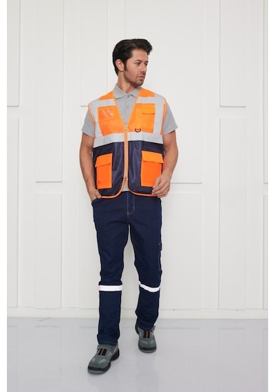 Orange Safety Mühendis Tipi İkaz Yeleği Turuncu-lacivert