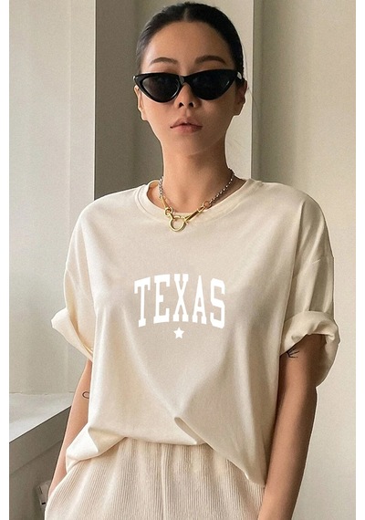 Unisex Texas Baskılı Tasarım Tshirt Bej