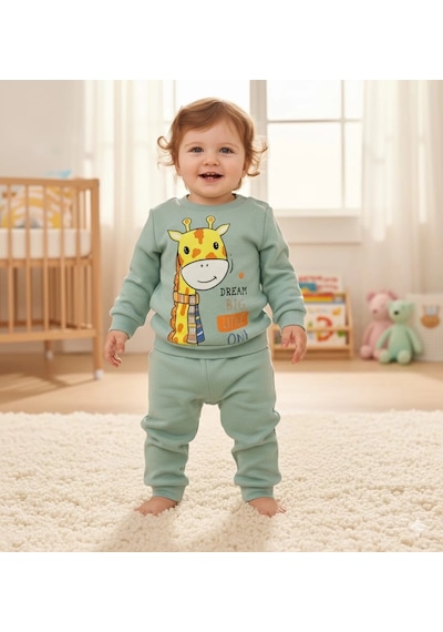 Poppy Trend Kız Bebek Zürafa Baskılı Çıt Çıtlı Alt Üst İkili Gündelik Takım 6-18 Ay Yeşil
