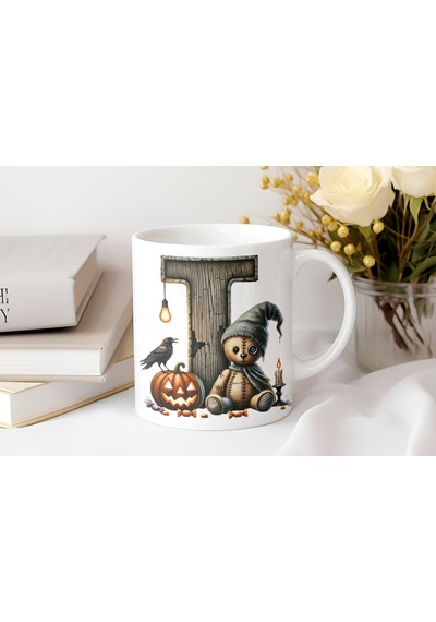 I Harfi Cadılar Bayramı Temalı Ayılı Kupa Bardak Halloween Karga Ve Balkabağı - Korkunç Sevimli Beyaz