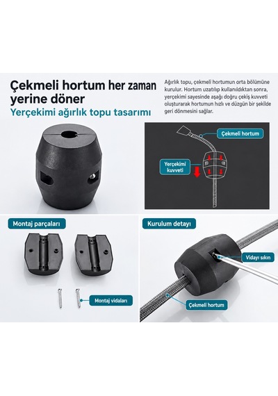 Alfas Çekmeli Mutfak Bataryası Pirinç Gövde 360 Döner, 2 Fonksiyonlu Spiralli Eviye Bataryası Siyah