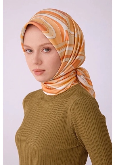 Geometrik Desen İpek Twill Eşarp T 4311 Pudra