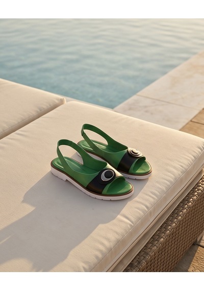 Futsishoes Agate Yeşil Siyah Hakiki Deri Çift Renk Toka Detaylı Kadın Sandalet Yeşil - Siyah