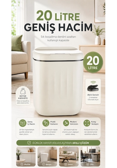 Hareket Sensörlü Büyük 20l Çöp Kovası Uv Işıklı