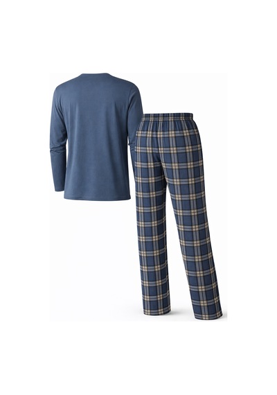 Mutlu City Erkek Mevsimlik Uzun Kollu 3 Düğmeli Ekose Alt Pijama Takımı 16649 İndigo