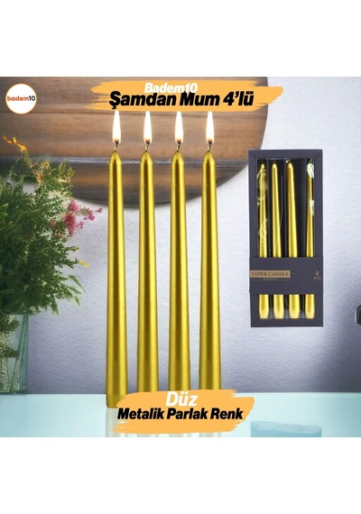Tr Şamdan Mum 4'lü Metalik Boya Gold Dekoratif Mumu Kandil Hediyelik Fitilli Mumluk Parlak Altın 25 Cm Diğer