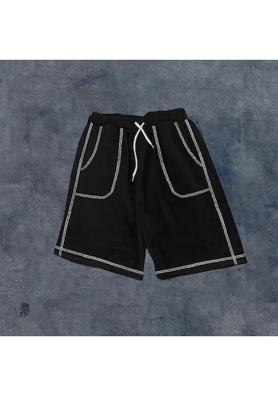 Unisex Dikişli Cepli Oversize Şort - Siyah 001