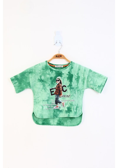 Toontoy Kids Toontoy Kız Çocuk Batik Desenli Düşük Kol Baskılı Tişört Yeşil