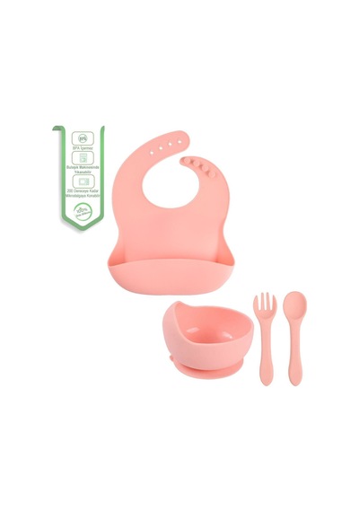 Çocuk Silikon Mama Önlüğü, Silikon Vakumlu Kase, Silikon Kaşık Ve Çatal / Pembe