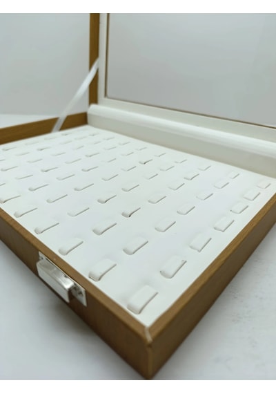 Yeni Cam Kapaklı Deri Kumaş Kahve-krem Renk 34 Cm / 24 Cm Tırnaklı Yüzük Tablası