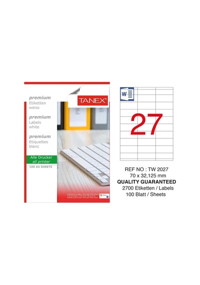 Tanex TW-2027 70x132.125mm Kuşe Laser Etiket 100 Lü Paket