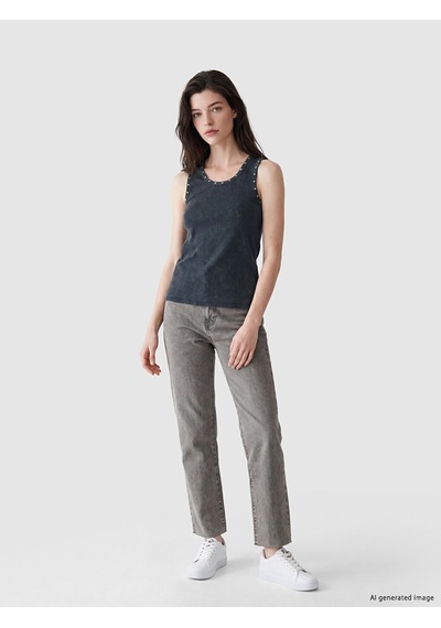 Lcw Comfort Mavi Bisiklet Yaka Kadın Fitilli Atlet