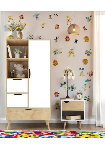 Floradesign Mango Çocuk Odası Takımı 1 Adet Gardırop +1 Adet Komodin Kahve Beyaz