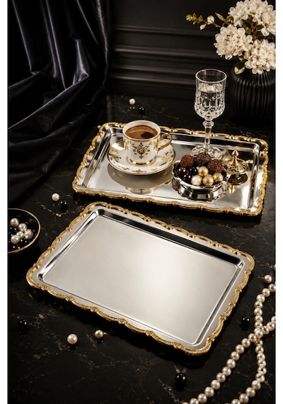 Jasper Nova Gold 2'li Paslanmaz Çelik Gold Çerçeve Kahve Sunum Tepsisi Baton 33x17 Cm Gri - Altın
