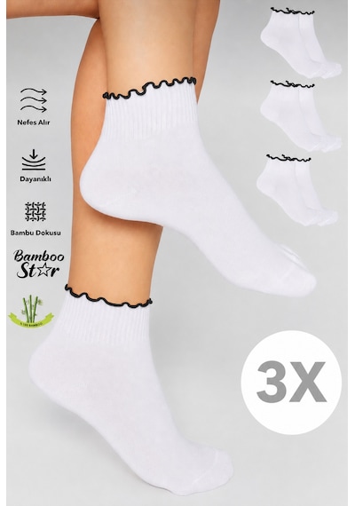 Bamboo Star Bambu Kadın Siyah Fırfırlı Patik Lastiksiz Dikişsiz Beyaz Çorap 3lü Paket Siyah - Beyaz
