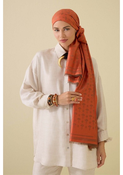 Imannoor Karanfil Monogram Turuncu İpek Şal 68x200 Orange