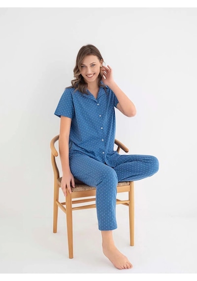 Senfoni Kadın Gömlek Yaka Kısa Kol Pamuklu Pijama Takımı 6011 -1 Adet 001