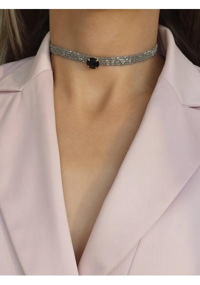 Kordon Zincir Örme Kristal Taşlı El Yapımı Choker Tasma Siyah Silver Renk Kolye