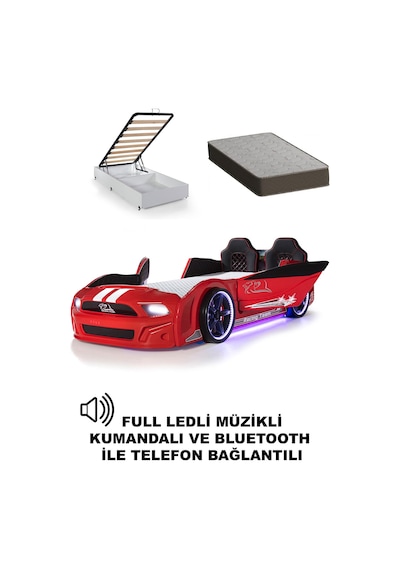 Bazalı Arabalı Yatak Kırmızı Kapıları Açılan Mustang Full Ledli Kumandalı Ve Müzikli+ortopedik Yatak 90x190 Cm Bazalı Arabalı Yatak Kırmızı Kapıları Açılan Mustang Full Ledli Kumandalı Ve Müzikli+ortopedik Yatak 90x190 Cm
