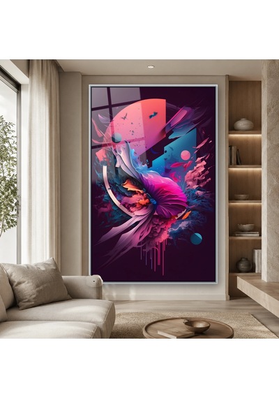 Mor Fantastik Kuş Ve Soyut Daireler Gümüş Çerçeveli Cam Tablo