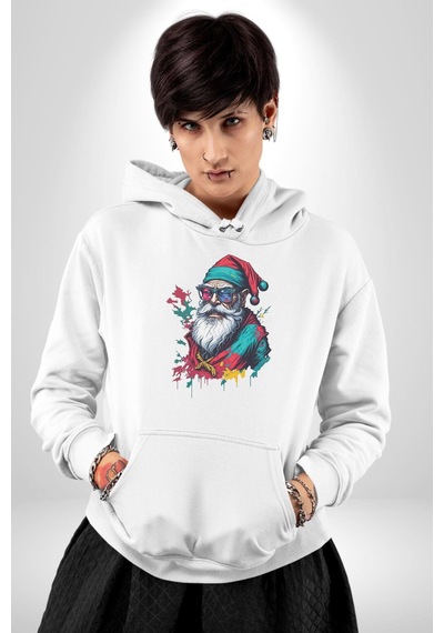 Renkli Noel Baba Yeni Nesil Gözlüklü Kadın Erkek Beyaz Kapüşonlu Sweatshirt Hoodie Beyaz