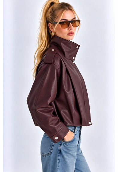 Mevese Kadın Siyah Dik Yaka Apolet Detaylı Çıtçıtlı Oversize Astarlı Suni Deri Ceket- Bordo Mevese Kadın Siyah Dik Yaka Apolet Detaylı Çıtçıtlı Oversize Astarlı Suni Deri Ceket- Bordo
