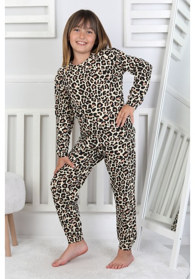 Minik Uyku Avcısı - Vahşi Rahatlık Serisi Leopar Desenli Kız Çocuk Pijama Takımı Sarı