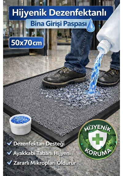 Myfloor Renkli Dezenfektan 50x70 Cm Kıvırcık Paspaslı Hijyenik Kauçuk Paspas Gri