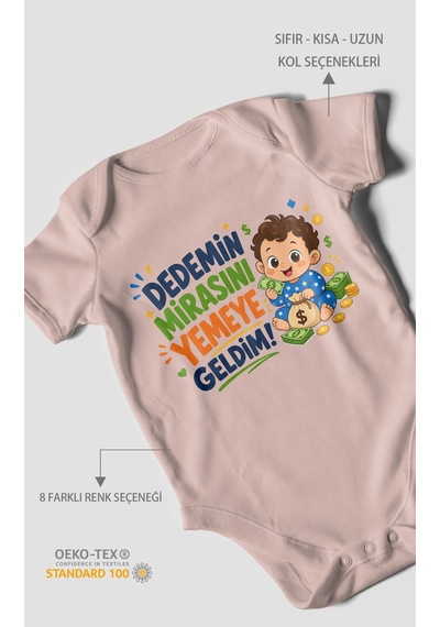 Morivokids Dedemin Mirasını Yemeye Geldim Kısa Kollu Bebek Body %100 Pamuk Pastel Pembe