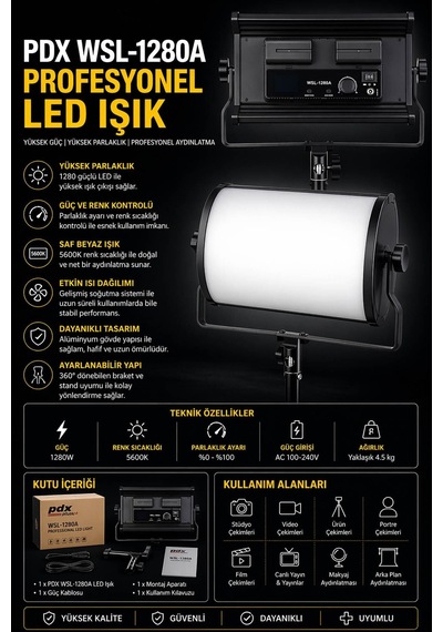 Pdx Wsl-1280a Profesyonel Led Işık Yüksek Güç Stüdyo Aydınlatma