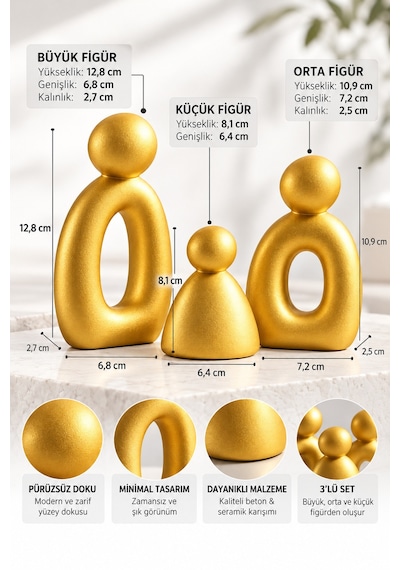 3 Lü Gold Set Soyut Aile Figürü Modern Dekoratif Heykel