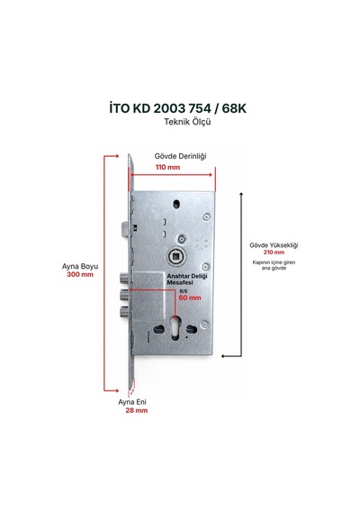 İto Çelik Kapı Alt Kilit 2003k - 754/68k 3 Anahtar