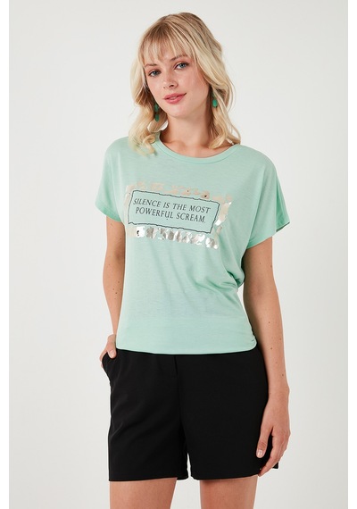 Lela Baskılı Bisiklet Yaka Regular Fit Bayan T Shirt 6671007 Mint