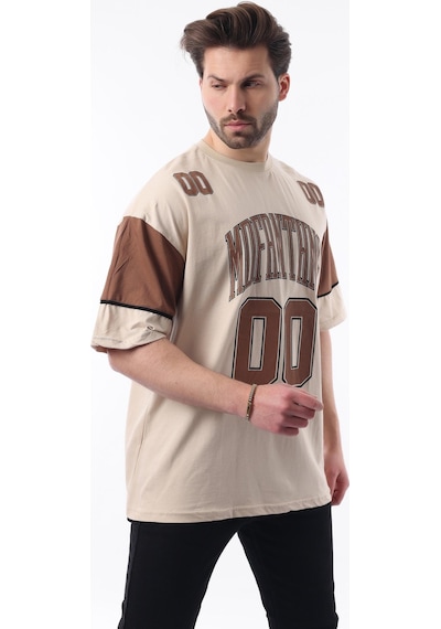 Madmext Bej Baskılı Pamuklu Oversize Erkek T-shirt 7035 Bej