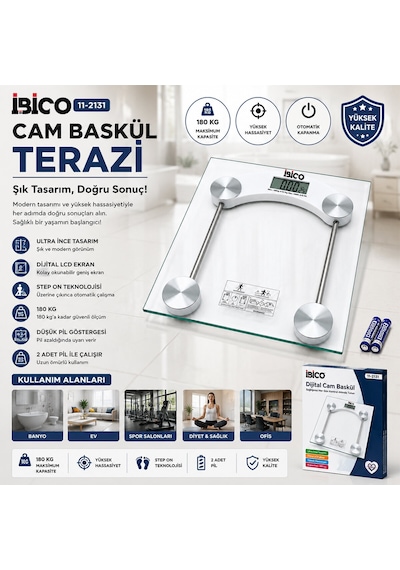 Dijital - Pilli Kare Banyo Baskül Terazi Tartı Lcd Ekran 180kg/0.1g 30x30cm İ11-025
