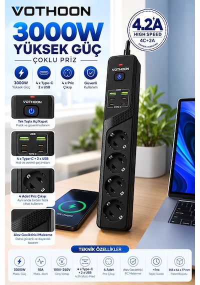 4 Lü Akım Korumalı Çoklu Priz 4 Type-c 2 Usb Girişli 4.2a Hızlı Şarj Destekli Priz 3000w 1