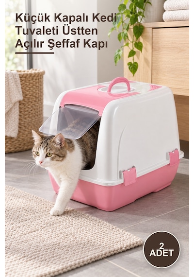 2 Adet Küçük Kapalı Kedi Tuvaleti Üstten Açılır Şeffaf Kapı