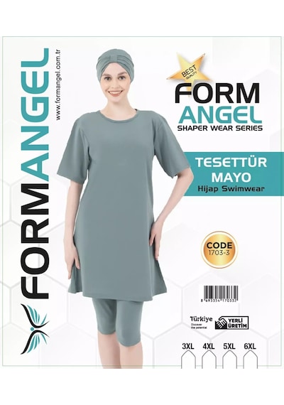 Form Angel Kadın Düz Renk Büyük Beden Kısa Kollu Likralı Tesettür Mayo Yeşil