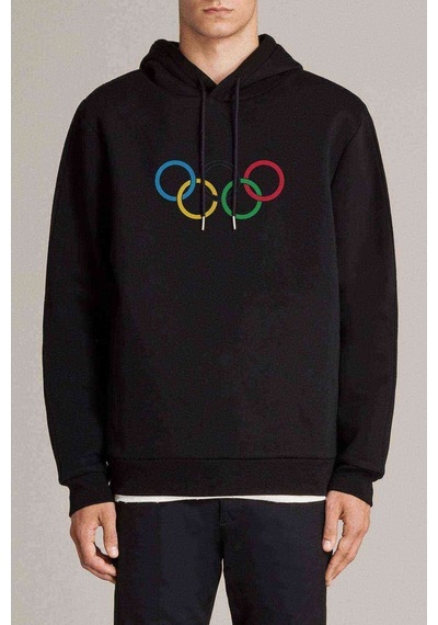 Olumpiyat Baskılı Siyah Erkek Kapşonlu Sweatshirt