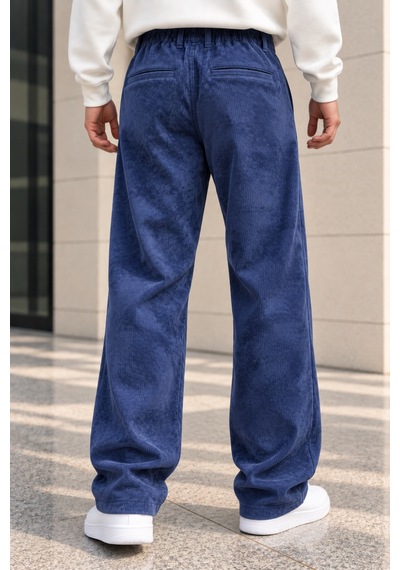 Polo State Erkek Yıkamalı Fitilli Kadife Bol Kesim Pantolon - Saks
