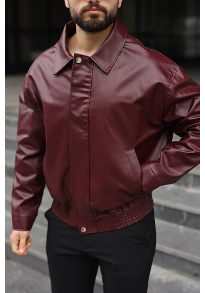 Yeni Sezon Dokulu Oversize Bol Kalıp Bomber Ceket Bordo Karbon Deri