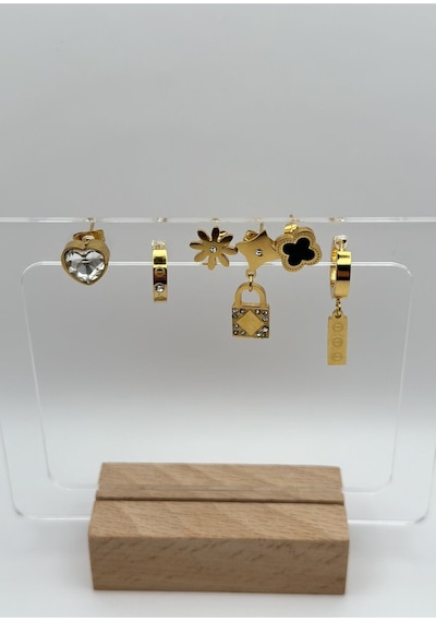 Arnes Jewelry Çelik Anahtarlı Zirkon Taşlı Kalpli 6 Lı Küpe Ar182nes Gold