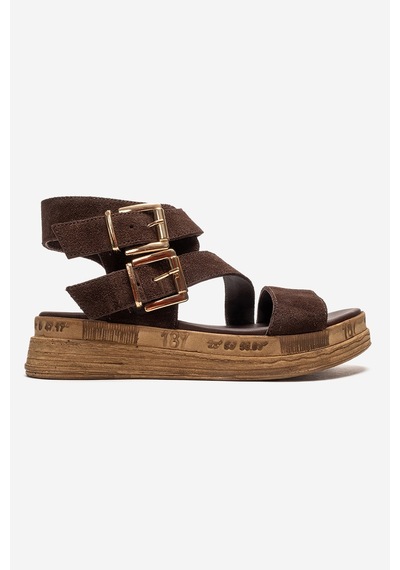 Luvishoes Lorentıs Kahverengi Süet Hakiki Deri Çift Tokalı Kadın Sandalet